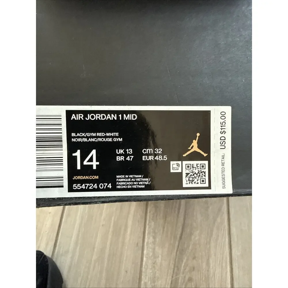 Size 14 Nike Air Jordan 1 Mid Bred Black Red Men's 554724-074 OG BOX